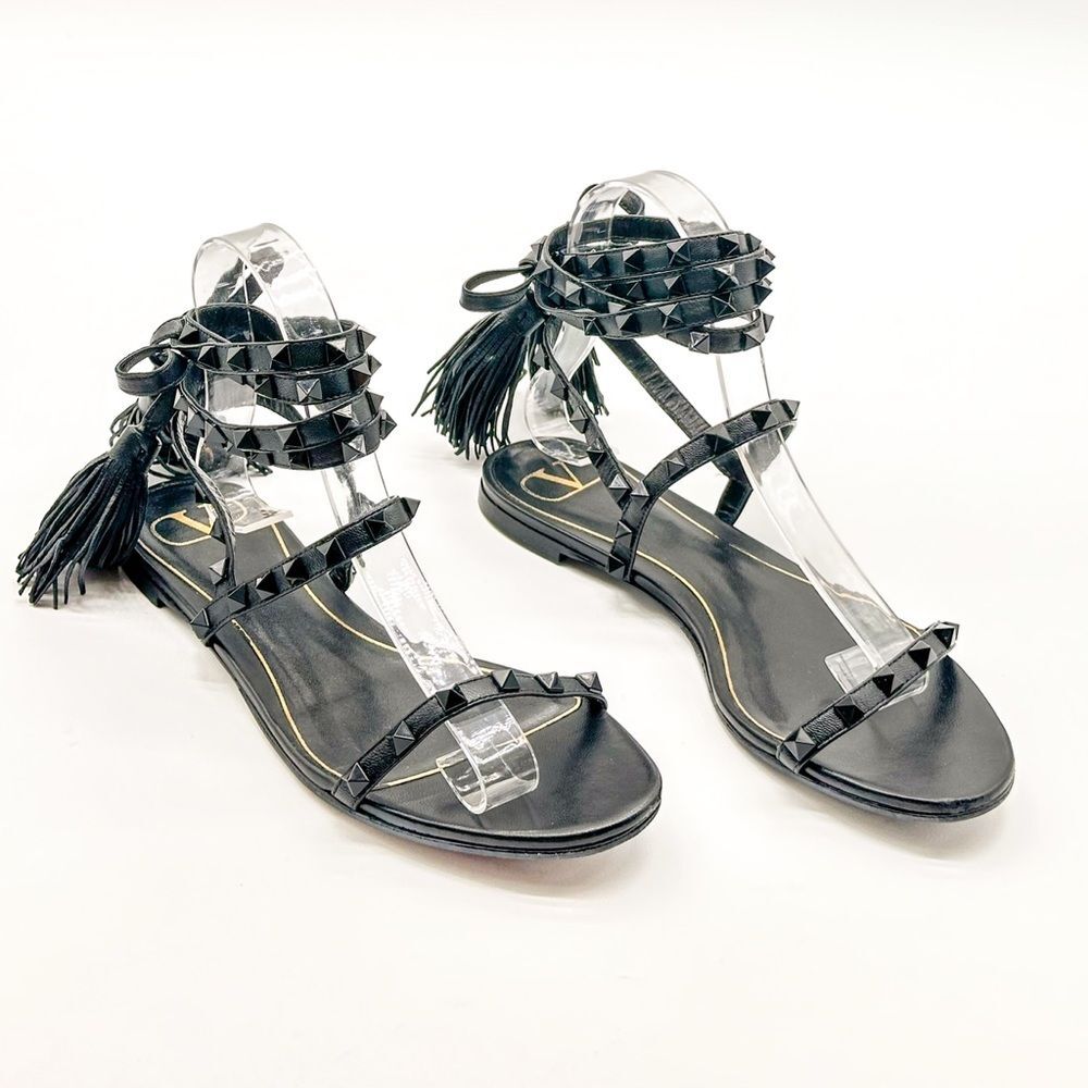 Valentino Garavani Rockstud Gladiatore Sandals Black Leather Ankle Tie EU 37 US7